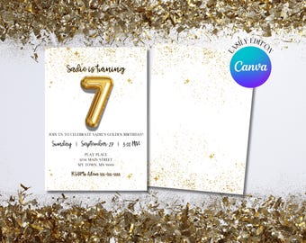 EDITABLE 7th Golden Birthday | Golden Birthday | 7th Birthday Party Invite | Seventh Birthday | 7 Year Old | 5x7 Digital Birthday Invitation
