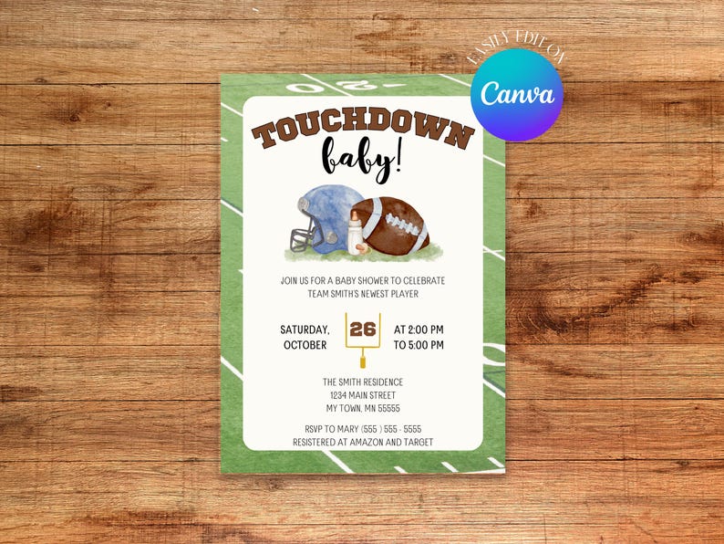 May include: A green and white football field themed baby shower invitation with the text "Touchdown baby!" and a football and helmet illustration. The invitation includes the date, time, and location of the event. RSVP information and registry details are also included.
