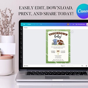 May include: A digital invitation for a baby shower with a football theme. The invitation is green and brown with a football helmet and football on it. The text on the invitation says "Touchdown Baby!" and includes the date and time of the event.