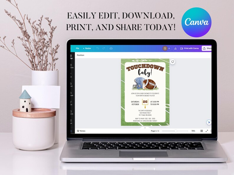 May include: A digital invitation for a baby shower with a football theme. The invitation is green and brown with a football helmet and football on it. The text on the invitation says "Touchdown Baby!" and includes the date and time of the event.