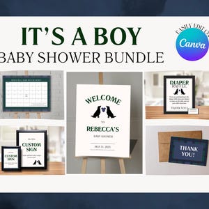 MODIFIABLE C'est un garçon | Pack baby shower sur le thème du chien | Panneau de bienvenue | Tombola de couches | de remerciements | Devinez le calendrier de la date d'échéance