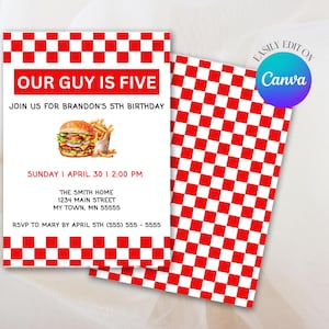 May include: A red and white checkered invitation with the text "OUR GUY IS FIVE" and "JOIN US FOR BRANDON'S 5TH BIRTHDAY". The invitation includes a burger and fries graphic, date, time, address, and RSVP information. The design is easily editable on Canva.