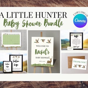 EDITIERBAR Ein kleines Jäger-Bundle | Jäger Baby Shower Bundle | Willkommensschild | Windel-Gewinnspiel | Danke-Karte | Guess The Due Date Kalender