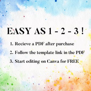 May include: A watercolor background with a white text overlay that reads "EASY AS 1-2-3!" followed by a numbered list of instructions: 1. Recieve a PDF after purchase, 2. Follow the template link in the PDF, 3. Start editing on Canva for FREE.