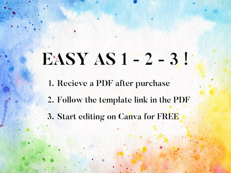 May include: A watercolor background with a white text overlay that reads "EASY AS 1-2-3!" followed by a numbered list of instructions: 1. Recieve a PDF after purchase, 2. Follow the template link in the PDF, 3. Start editing on Canva for FREE.