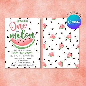 Puede incluir: Invitación a una fiesta de primer cumpleaños con temática de sandía con el texto "Our Sweetie is One in a Melon" y una ilustración de acuarela de una rebanada de sandía. La invitación incluye los detalles de la fiesta, incluida la fecha, la hora, la ubicación y la información de RSVP.