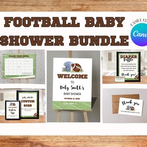 EDITIERBARE Touchdown Baby Bundle | Fußball-Babyparty-Paket | Willkommensschild | Windel-Gewinnspiel | Danke-Karte | Guess The Due Date Kalender