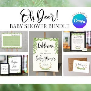 Ensemble Oh Deer MODIFIABLE | Pack baby shower neutre en matière de genre | Panneau de bienvenue | Tombola de couches | de remerciements | Devinez le calendrier de la date d'échéance