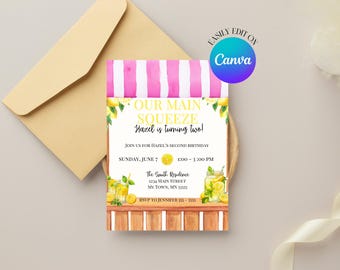 EDITABLE Our Main Squeeze Birthday Invitation | Lemonade Theme Birthday |  Lemon Birthday | Any Age Birthday Invite | 5x7 Digital Invitation