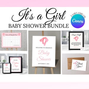 Ensemble de douche de bébé MODIFIABLE pour fille | Ensemble baby shower avec noeud rose | Panneau de bienvenue | Tombola de couches | de remerciements | Devinez le calendrier de la date d'échéance