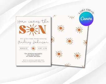 EDITABLE Here Comes the Son Baby Shower | Baby Boy | Baby Shower Invitation | Boy Baby Shower | 5x7 Digital Birthday Invitation