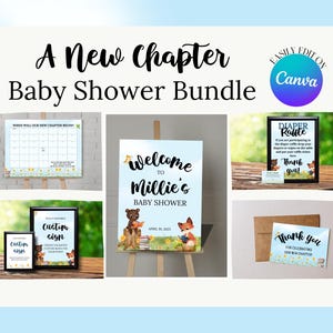 MODIFIABLE Un nouveau chapitre | Pack baby shower | Panneau de bienvenue | Tombola de couches | de remerciements | Devinez le calendrier de la date d'échéance | Personnalisé