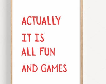 It is All fun and games Print, Retro Wall Art, Trendy Print, Retro Poster, Christmas Gift, Red Poster, Dorm Decor, Typography, Printable Art