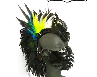 Feather mohawk headpiece,Leather Feather Headdress, Neon Shaman, :RenegadeIconDesigns Rara avis collection