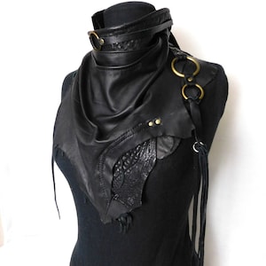 Black Leather scarf cowl bandanna, Unisex, Rugged Leather scarf, Dystopian, Dark fashion, Cyber, Nomad, Desert punk by Renegade icon designs image 3