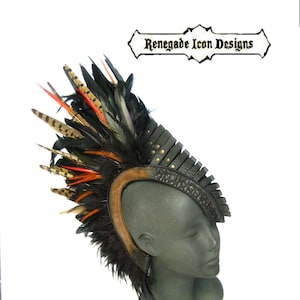 Feather mohawk headpiece, Leather Feather Head dress, shaman warrior tribal, MADE TO ORDER: Renegade IconDesigns; Rara Avis Collection