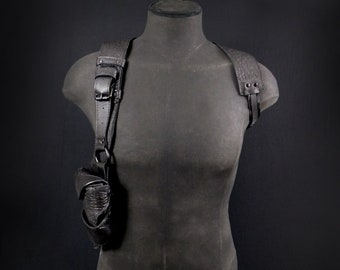 Leather shoulder Holster bag, Harness Bag, burning man, festival, traveler, bad ass, Unisex, Futuristic Primitive: by Renegade Icon Designs