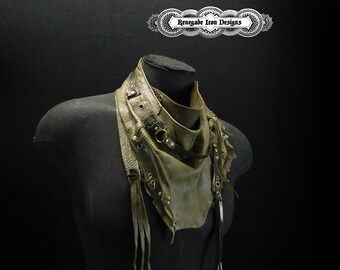 Distressed Leather scarf cowl bandanna, unisex, Rugged Leather,Safari, Barbarian, Wasteland, Unique leather by Renegade icon designs