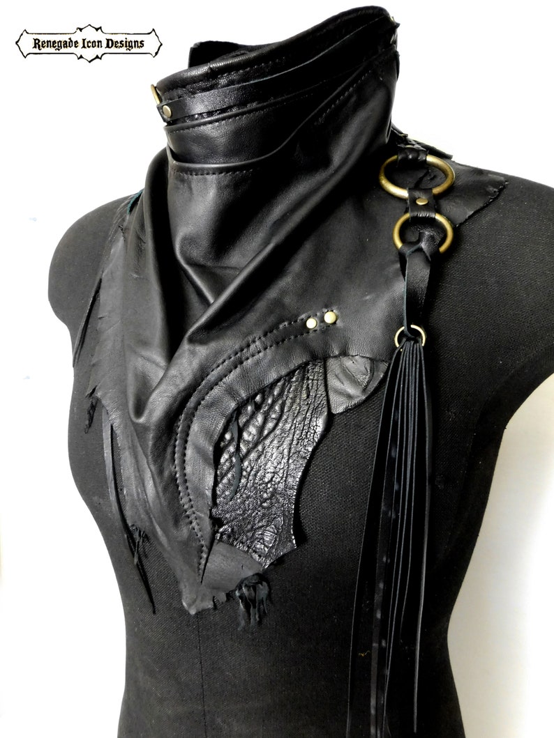 Black Leather scarf cowl bandanna, Unisex, Rugged Leather scarf, Dystopian, Dark fashion, Cyber, Nomad, Desert punk by Renegade icon designs image 6