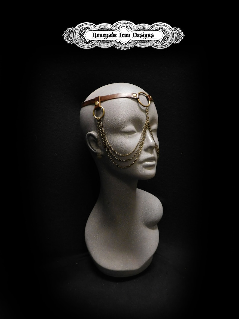 Unisex Face Jewelry, Brown leather face chain, Leather face harness, Exotic face jewelry by Renegade Icon designs image 3