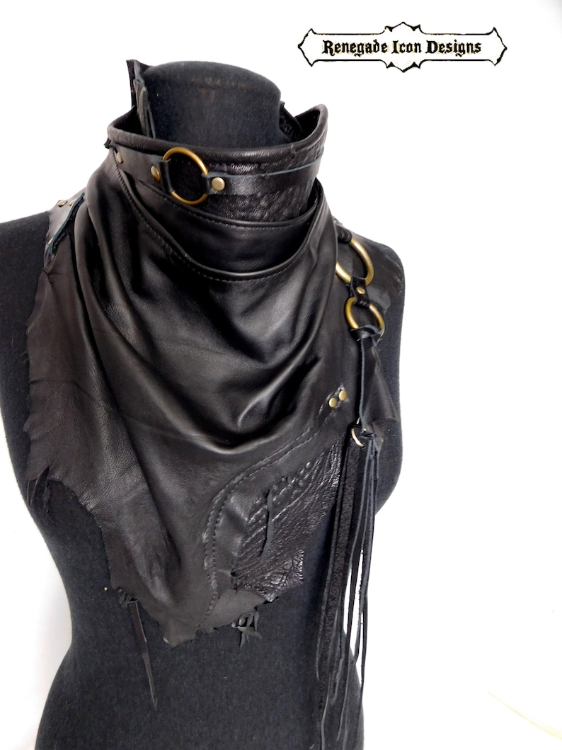 Black Leather scarf cowl bandanna, Unisex, Rugged Leather scarf, Dystopian, Dark fashion, Cyber, Nomad, Desert punk by Renegade icon designs image 5