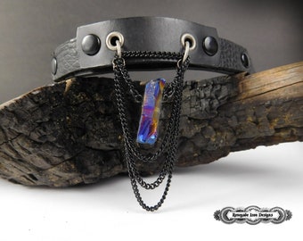 Leather crystal necklace, Leather crystal collar, Rainbow crystal pendant choker, Multi Dimensional, Unisex by Renegade Icon designs