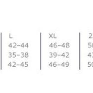 May include: Unisex size chart with measurements in inches for chest, waist, and hip. Sizes range from XS to 5XL.