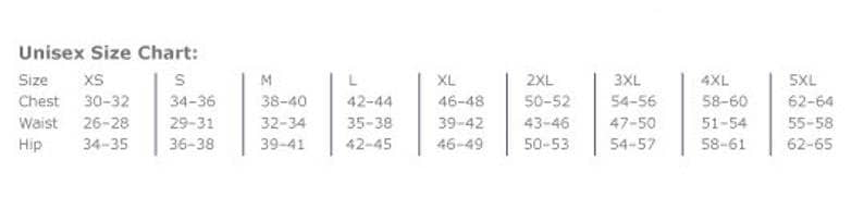 May include: Unisex size chart with measurements in inches for chest, waist, and hip. Sizes range from XS to 5XL.