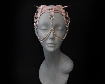 Spiked face chain, Leather n chain face harness, leather mask, Fetish fashion, fantasy, larp, costume by Renegade Icon Designs