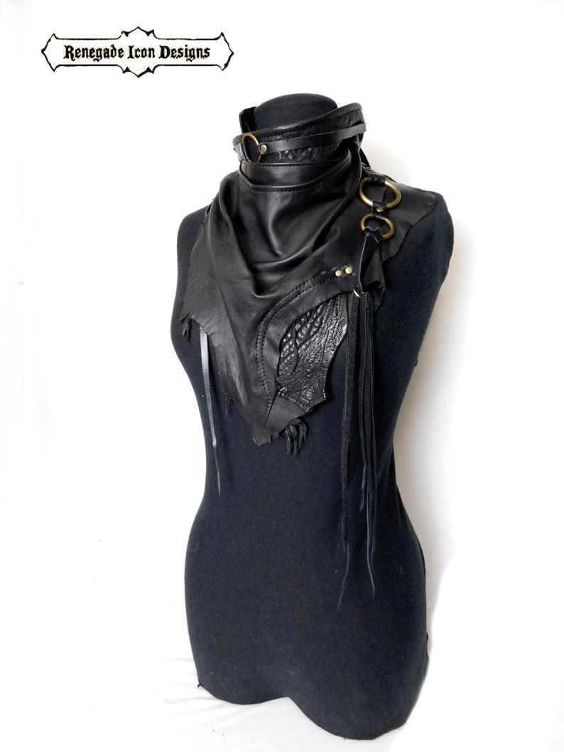 Black Leather scarf cowl bandanna, Unisex, Rugged Leather scarf, Dystopian, Dark fashion, Cyber, Nomad, Desert punk by Renegade icon designs image 4
