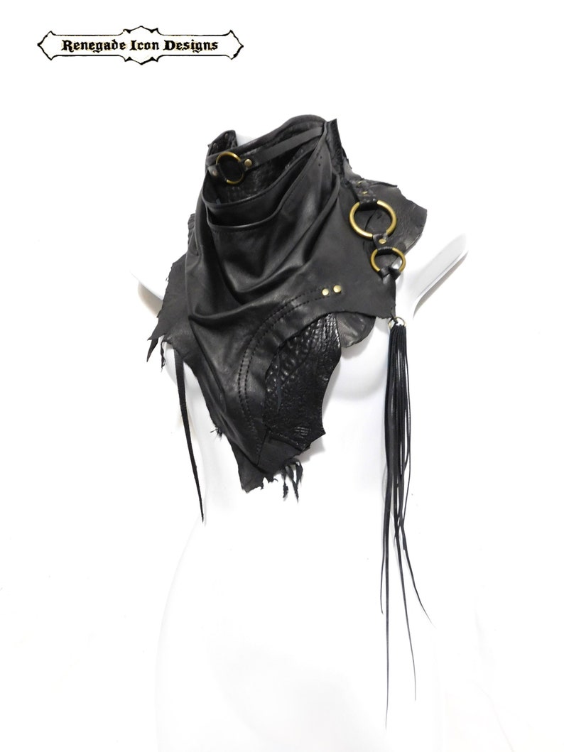 Black Leather scarf cowl bandanna, Unisex, Rugged Leather scarf, Dystopian, Dark fashion, Cyber, Nomad, Desert punk by Renegade icon designs image 1