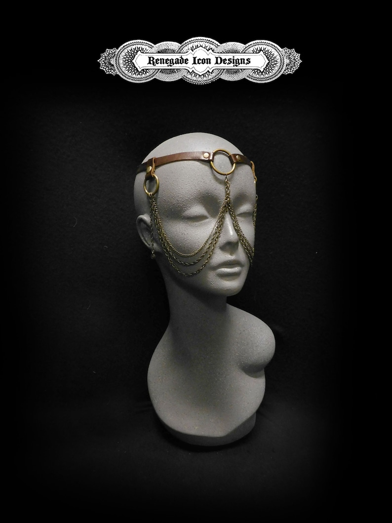 Unisex Face Jewelry, Brown leather face chain, Leather face harness, Exotic face jewelry by Renegade Icon designs image 2