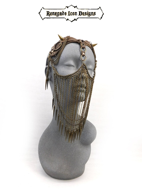 Unisex Leather Face Chain, Spike Veiled Headpiece, Unisex