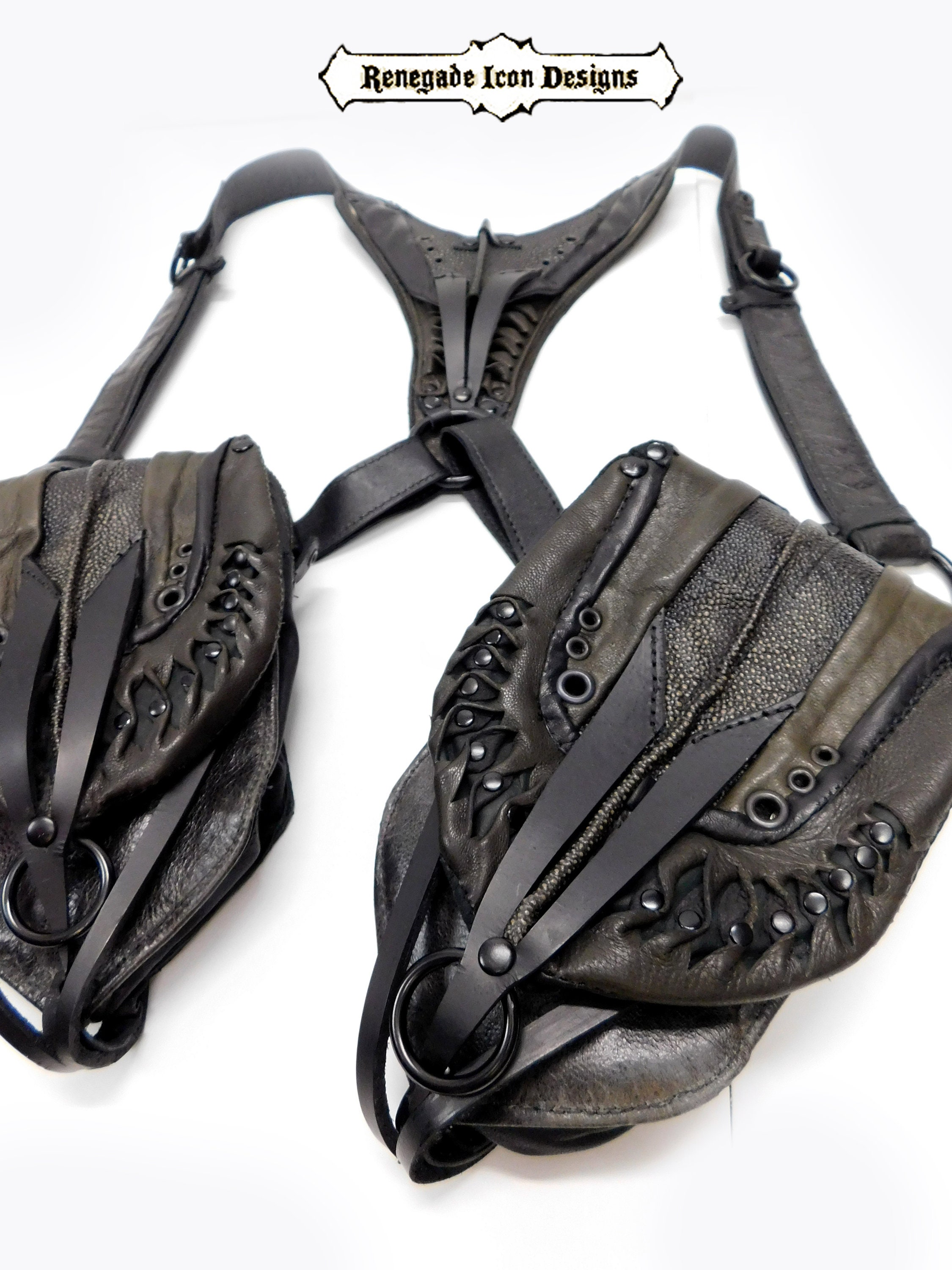 Leather Holster bag, Harness bag, Holster pockets, Exoskeleton, Festival, Desert punk, bad ass, MADE TO ORDER, by Renegade Icon Designs