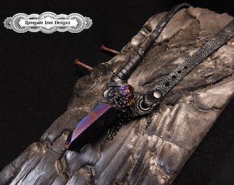Rainbow quartz pendant, Unisex Large Quartz pendant, Leather wrapped quartz, Dark Crystal collection by Renegade Icon Designs