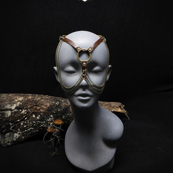 Unisex Face Jewelry, Brown leather face chain, Leather face harness, Exotic face jewelry by Renegade Icon designs