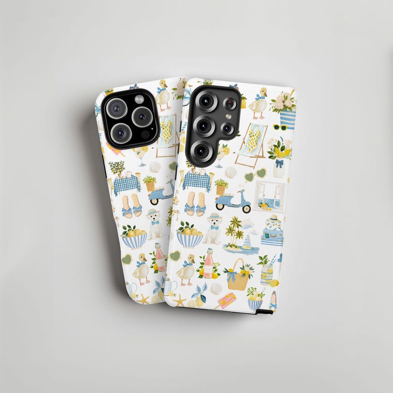 May include: Two white phone cases with a repeating pattern of summer-themed illustrations. The design includes ducks, lemons, beach chairs, scooters, and floral arrangements in shades of blue, yellow, and white.