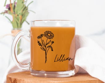 Personalized Bridesmaid Mug Flower Birth Month Mug Glass Coffee Mug Custom Floral Glass Mug Birth Flower Custom Bridesmaid Gift for Her