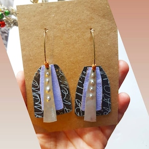 Reclaimed tin earrings with black and white doodles,  lavender and stamped vintage aluminum