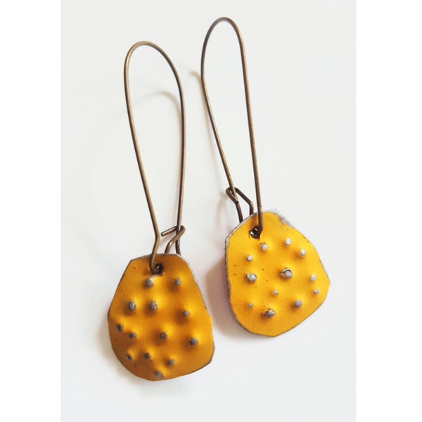 Small mustard yellow painted tin seed pod inspired earrings