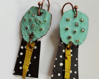 Punched aqua marine tin earrings with black and white polkadots and yellow