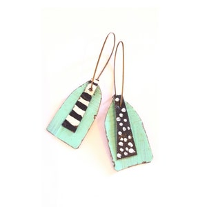 Retro aqua painted tin earrings with black and white polkadots and stripes