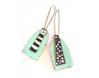 Retro aqua painted tin earrings with black and white polkadots and stripes