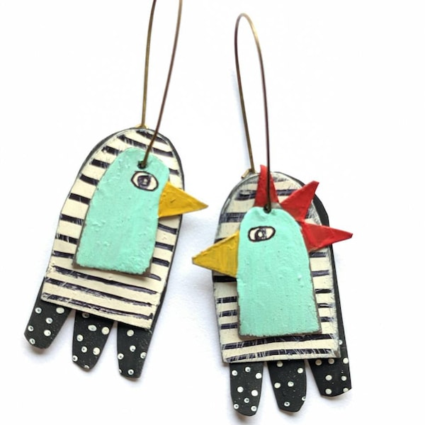 Vintage aqua/mint chicken earrings with black and white stripes and polka dots