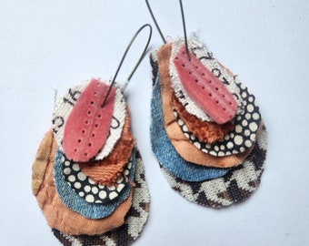 Fabric scrappy earrings in black, white and terra cotta