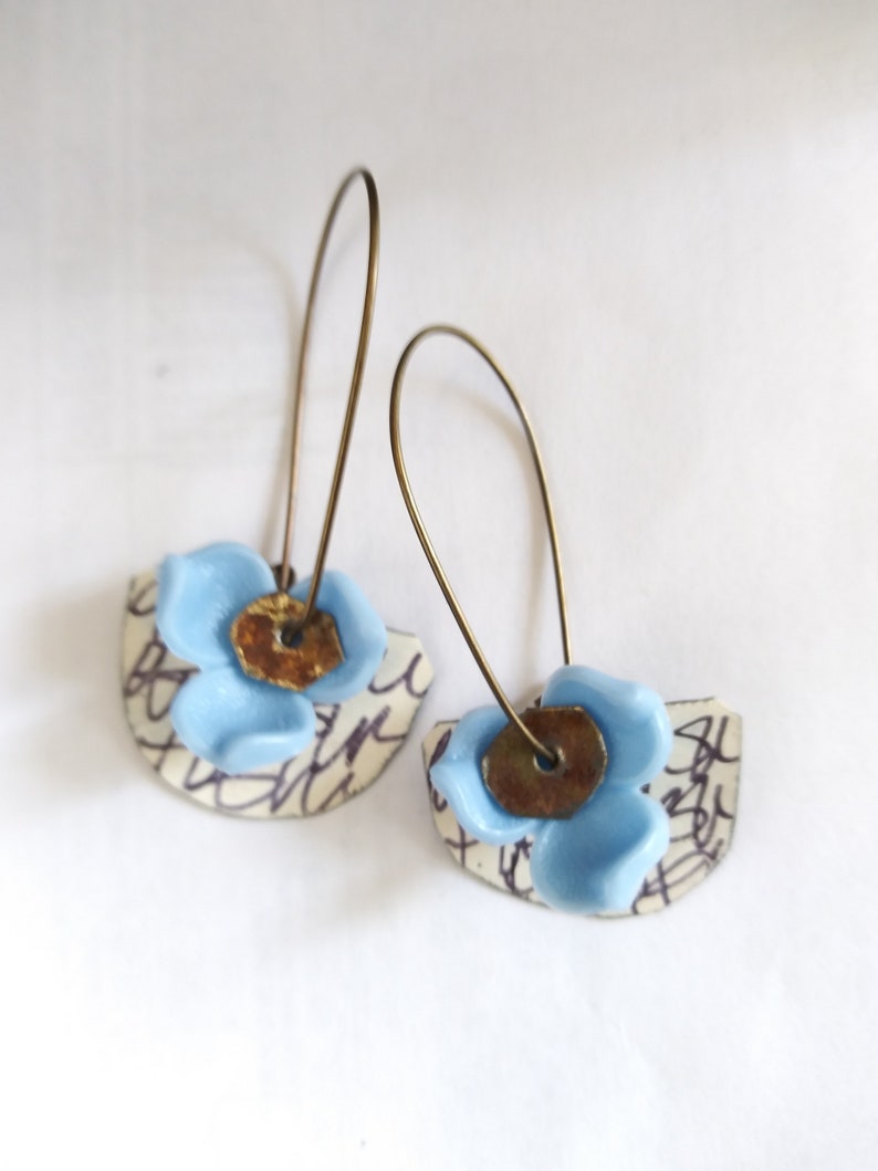 Bluebell Bloom earrings with painted tin black and white doodles image 1
