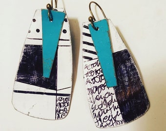 Black and white retro doodle earrings with turquoise bits