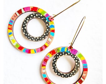 Colorful wooden hoop earrings