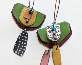 Earthy tones unmatched reclaimed tin earrings