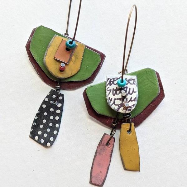 Earthy tones unmatched reclaimed tin earrings